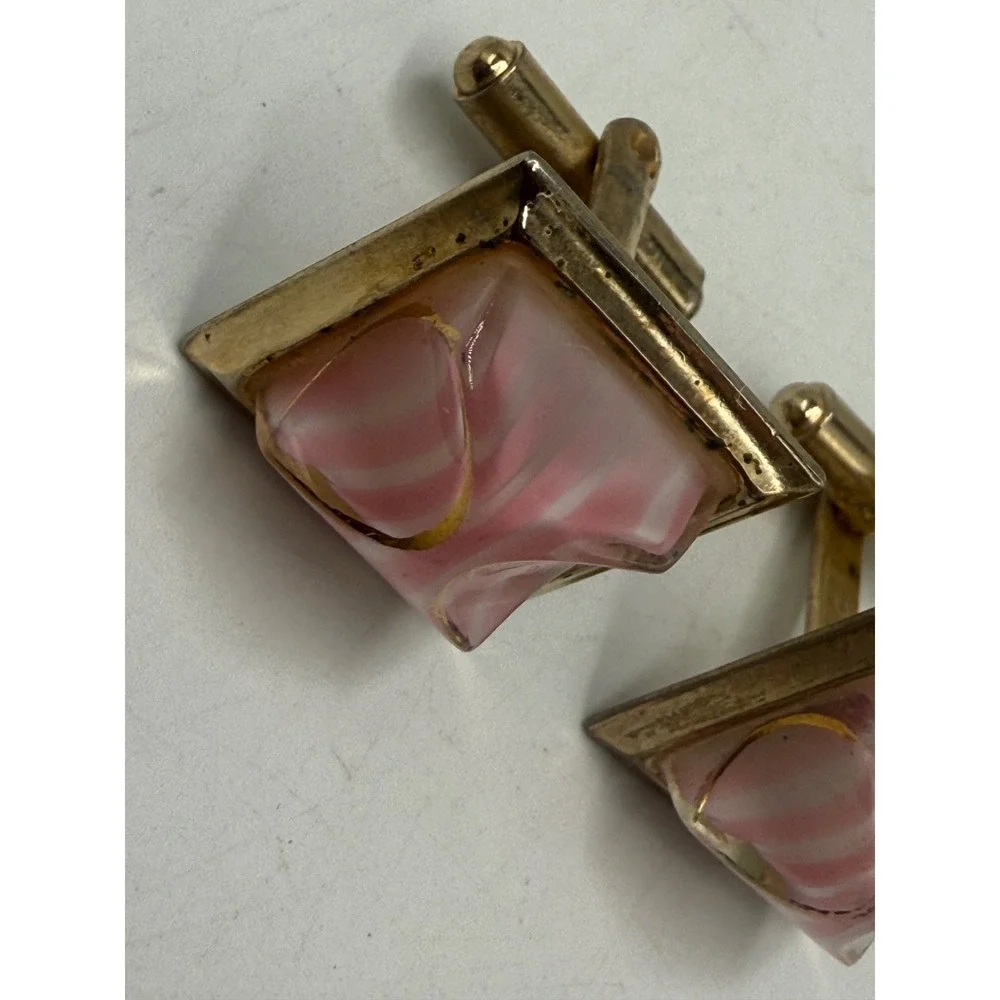 Vintage Gold Tone Square Pink White Striped Glass Geometric Cufflinks